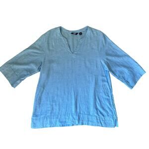 Lands' End Blue Linen Blend Tunic top, V neck, pullover, size XL, classic,beachy